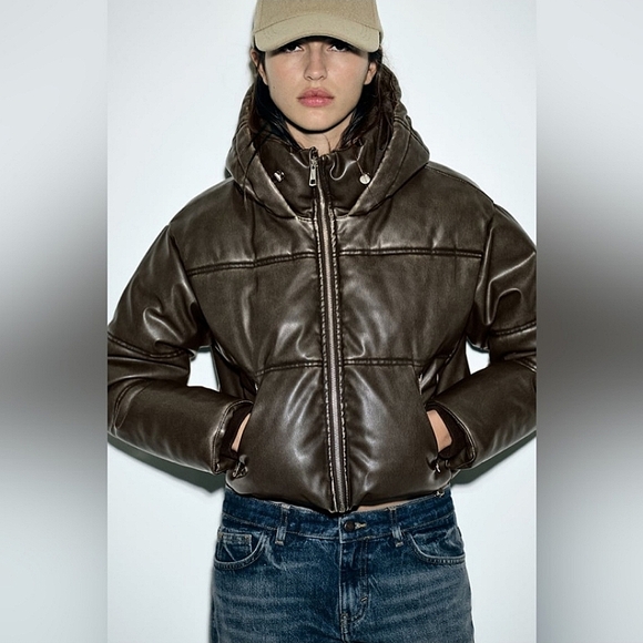 Zara Jackets & Blazers - ZARA BROWN CROPPED FAUX LEATHER PUFFER JACKET ✨️SIZE XXL✨️